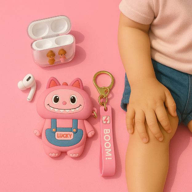 Labubu AirPods Case with Keychain & BOOM! Strap – 3D Cartoon Monster Design (1st/2nd Gen)