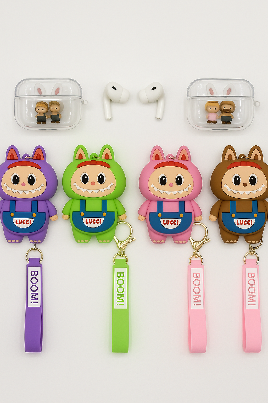 Labubu AirPods Case with Keychain & BOOM! Strap – 3D Cartoon Monster Design (1st/2nd Gen)