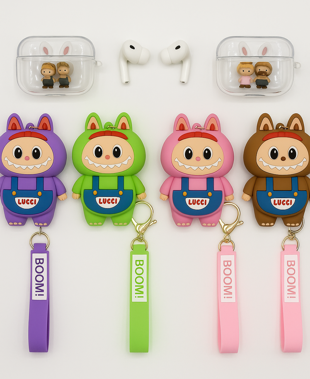 Labubu AirPods Case with Keychain & BOOM! Strap – 3D Cartoon Monster Design (1st/2nd Gen)