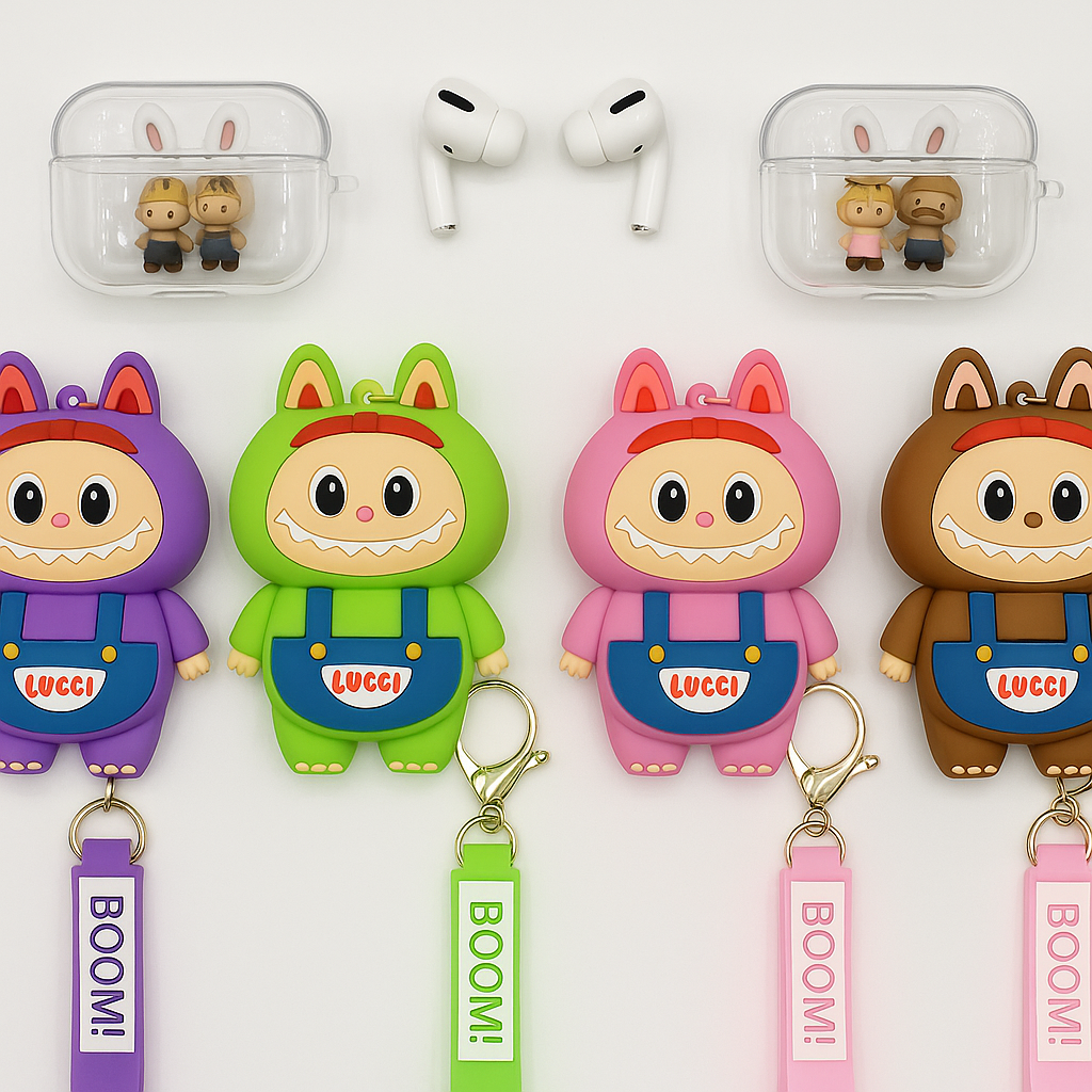 Labubu AirPods Case with Keychain & BOOM! Strap – 3D Cartoon Monster Design (1st/2nd Gen)