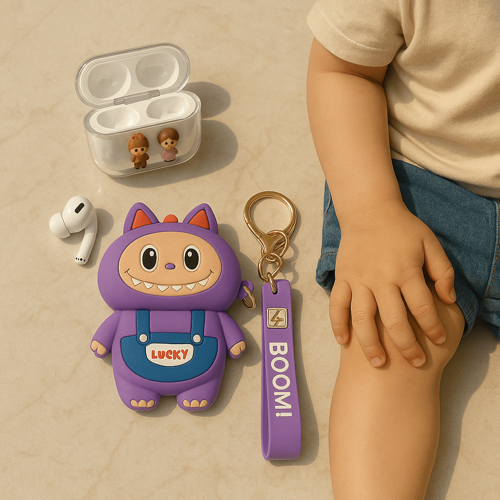 Labubu AirPods Case with Keychain & BOOM! Strap – 3D Cartoon Monster Design (1st/2nd Gen)